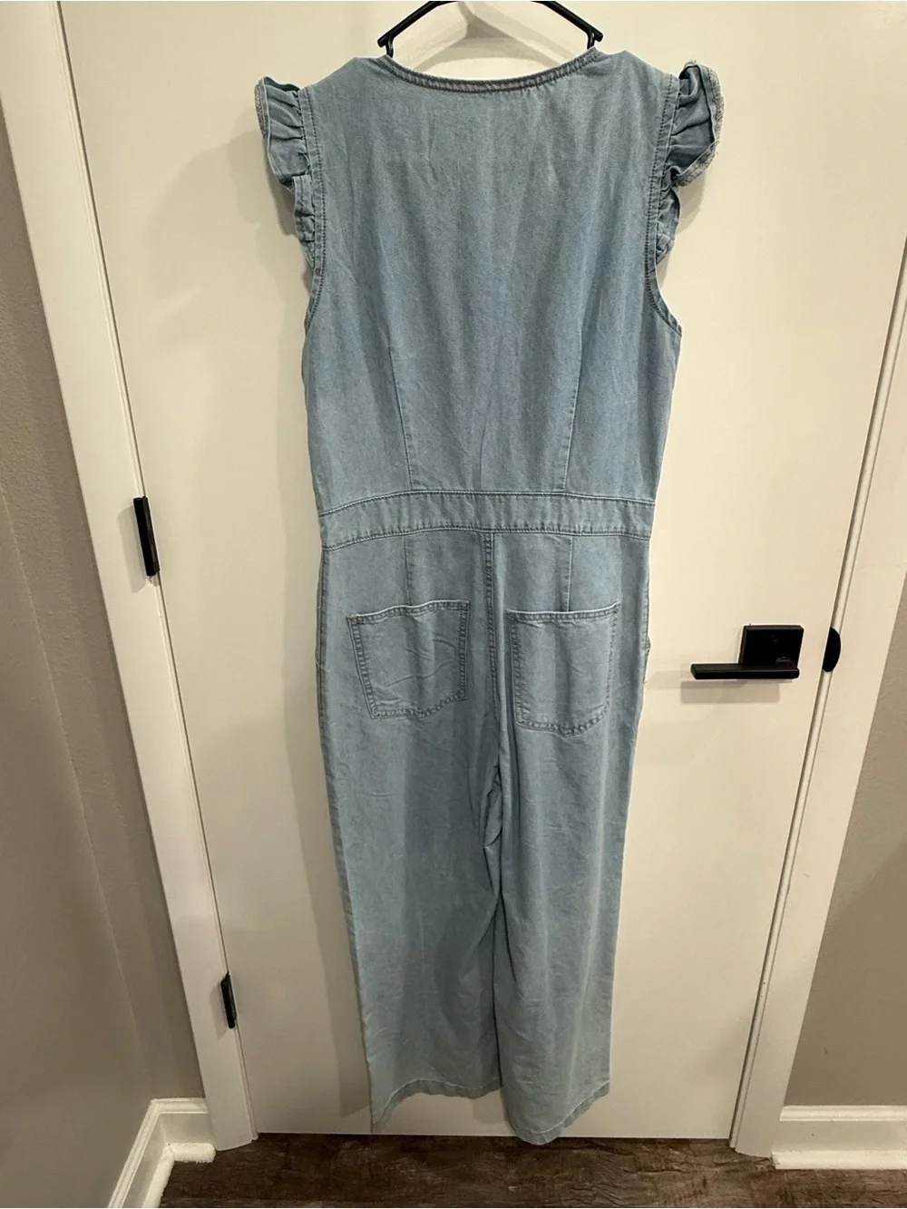 SHEIN Womens M Blue Denim Button Front Ruffle Sleeveless Jumpsuit Romper Pockets